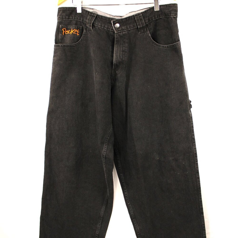 77'S HIP HOP BLACK EMBROIDERED PATCH BAGGY CARPENTER SK8R JEANS SZ Lg GRUNGE